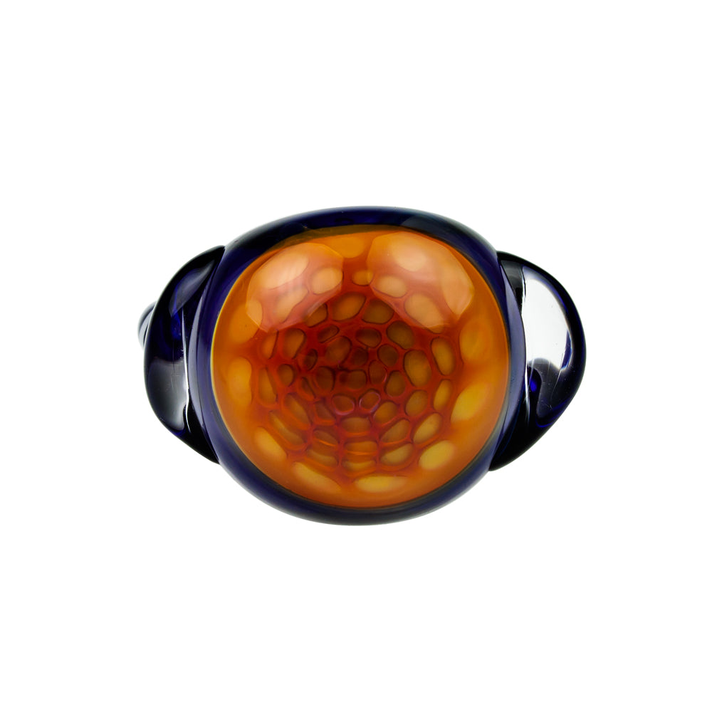 G-Spot Glass Spoon Pipe - Blue Glass with Honeycomb Bowl and Striped Appendage - Front view