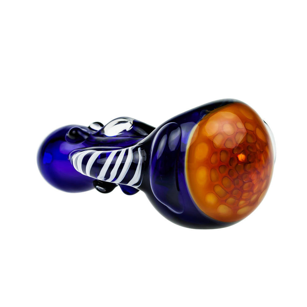 G-Spot Glass Spoon Pipe - Blue Glass with Honeycomb Bowl and Striped Appendage - Side view 2