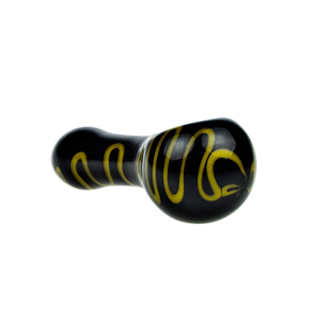 G-Spot Glass Spoon Pipe - Black Glass with Dark Yellow Zig-Zag Stripes - Side view 2