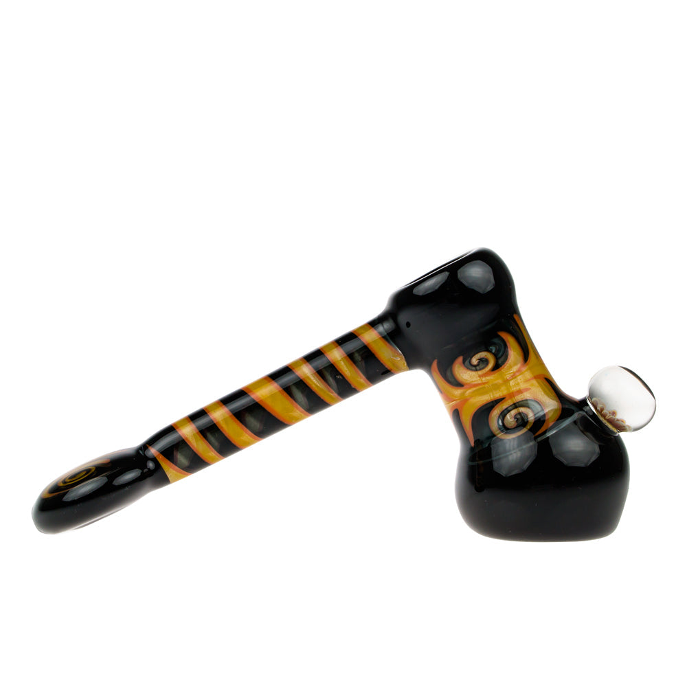 G-Spot Glass Hammer Bubbler Pipe - Yellow and Orange Reversals and Large Flower Marble - Side view 4