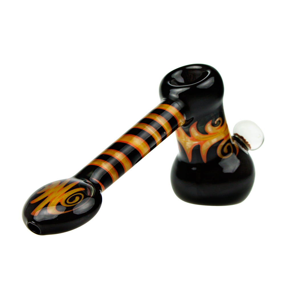 G-Spot Glass Hammer Bubbler Pipe - Yellow and Orange Reversals and Large Flower Marble - Side view 3