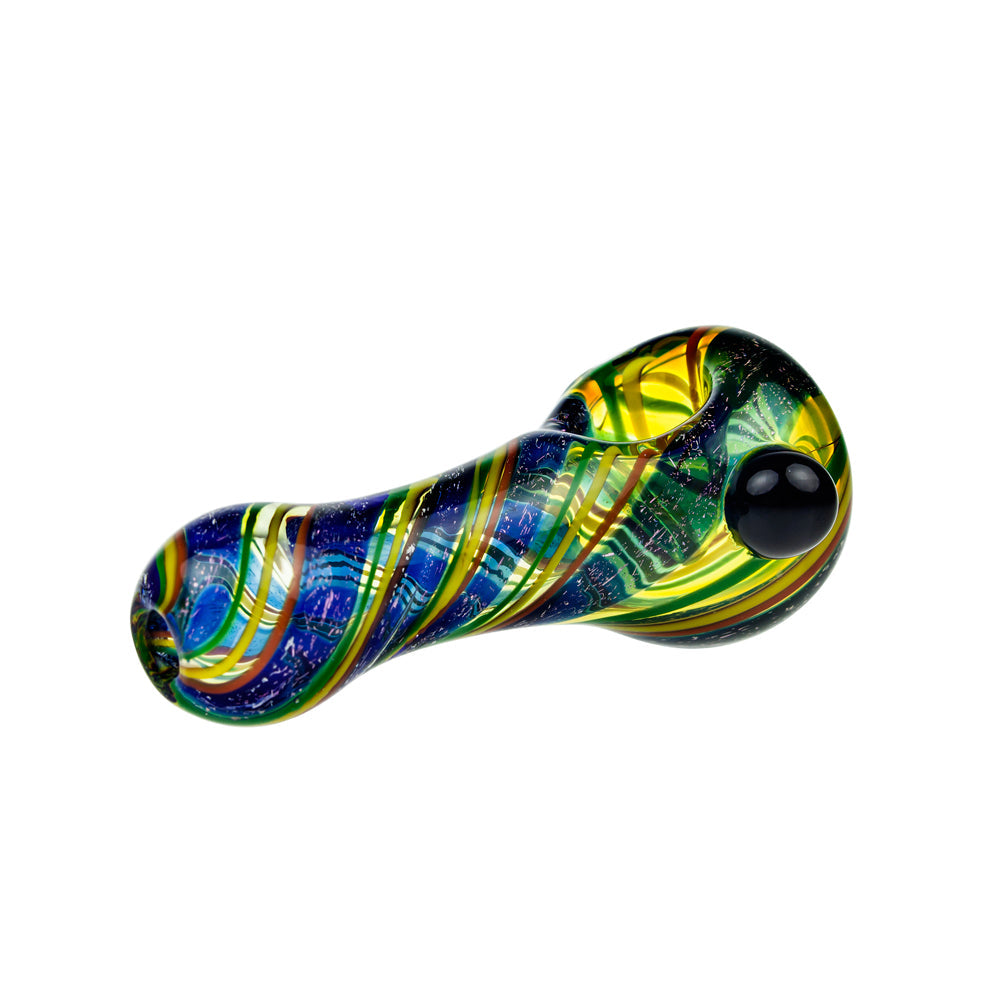 G-Spot Glass Spoon Pipe - Color Stripes and Blue Dichro on Clear Glass - Side view 6