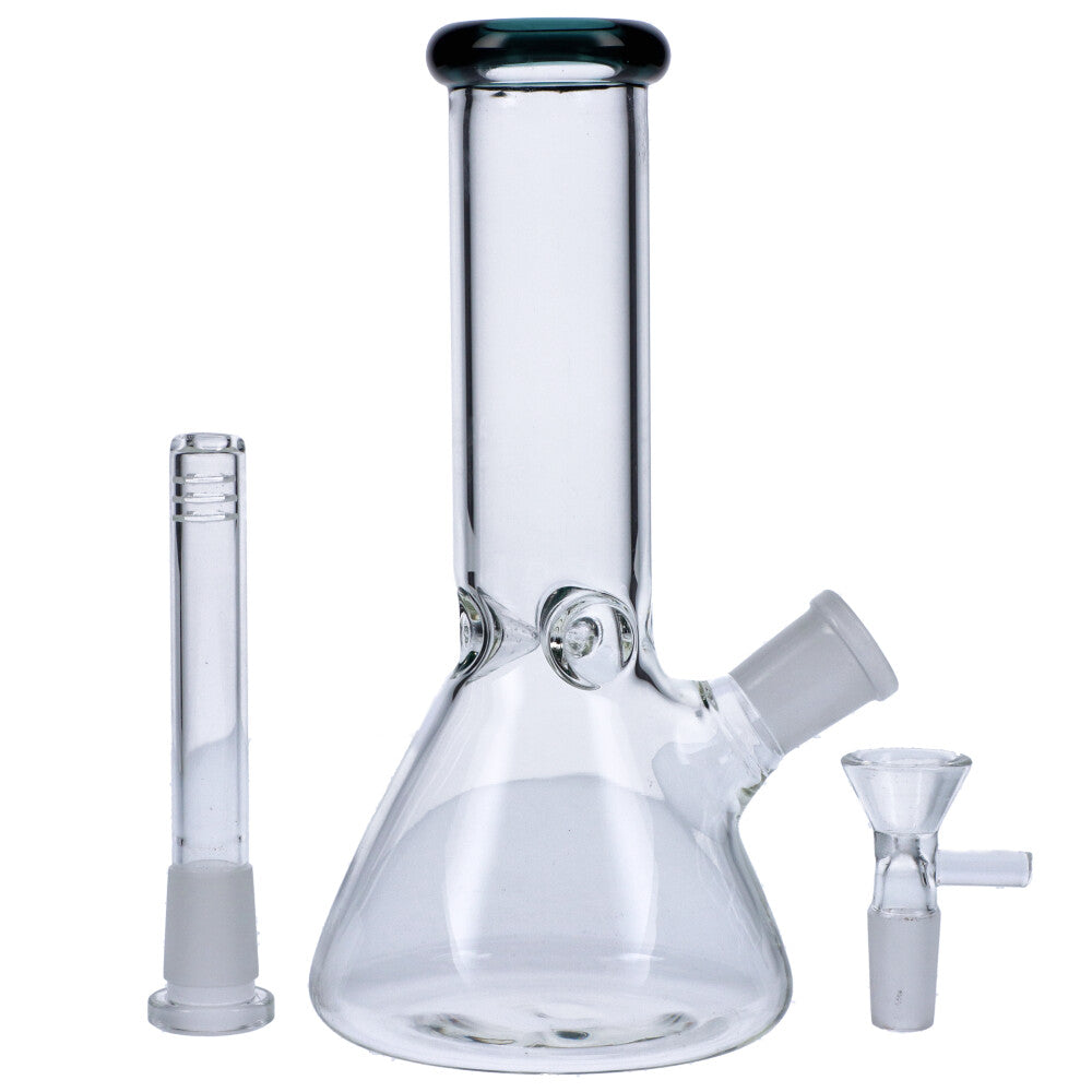 Glass Beaker Base Bong with Frosted Joint | 8 Inch | Teal- Complete Set