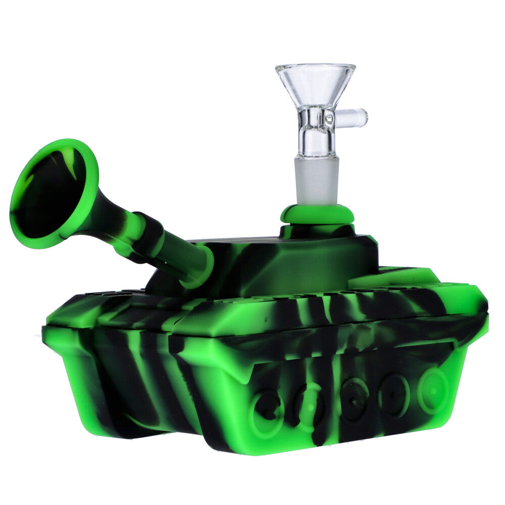 Silicone Army Tank Pipe with Glass Bowl | Black/Green - Side View 4