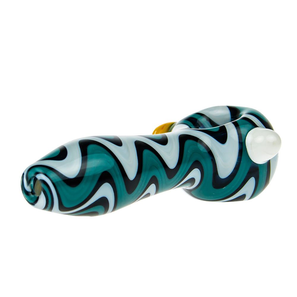G-Spot Glass Spoon Pipe - White with Wavy Stripes and Color Carb - Side View 2