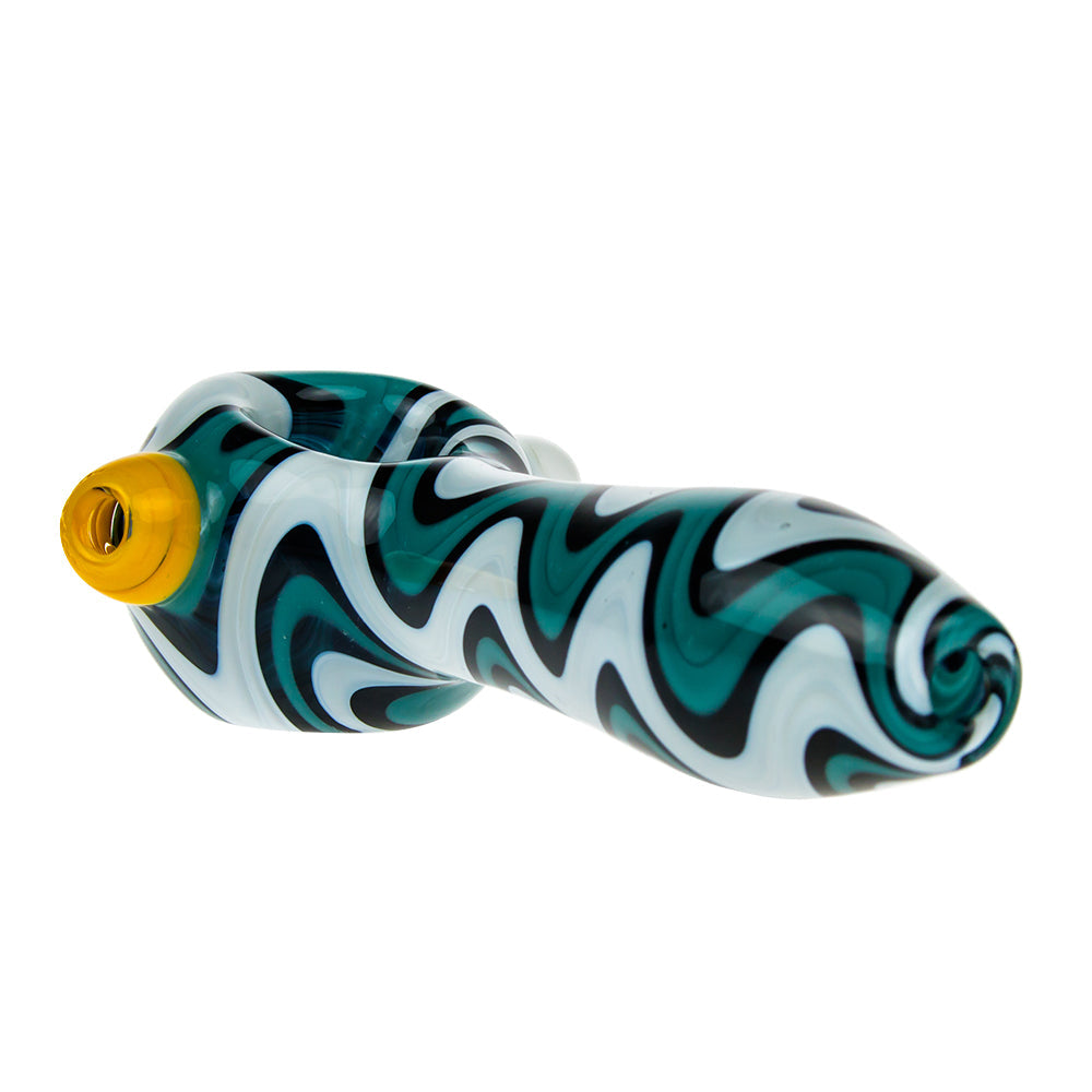 G-Spot Glass Spoon Pipe - White with Wavy Stripes and Color Carb - Side View 1