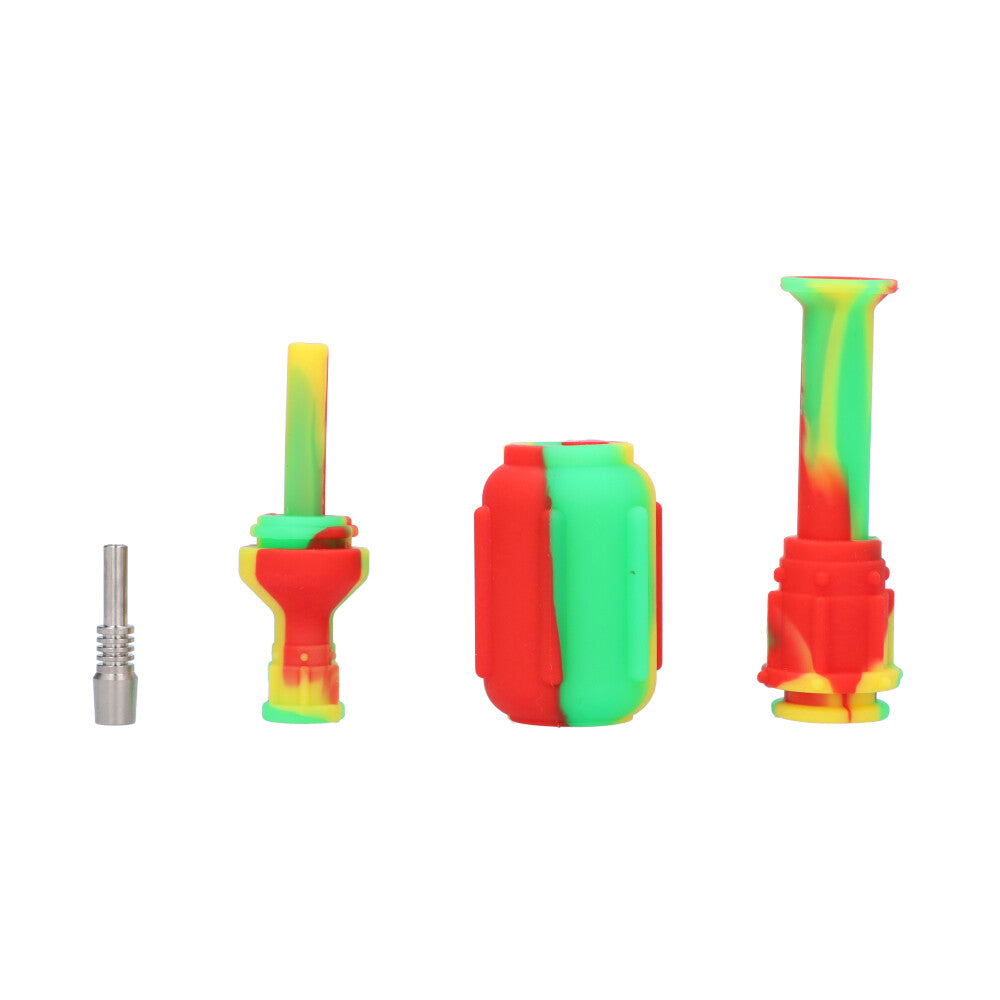 Multi-Colored Silicone Nectar Collector | 8 Inch | Rasta - Disassembled