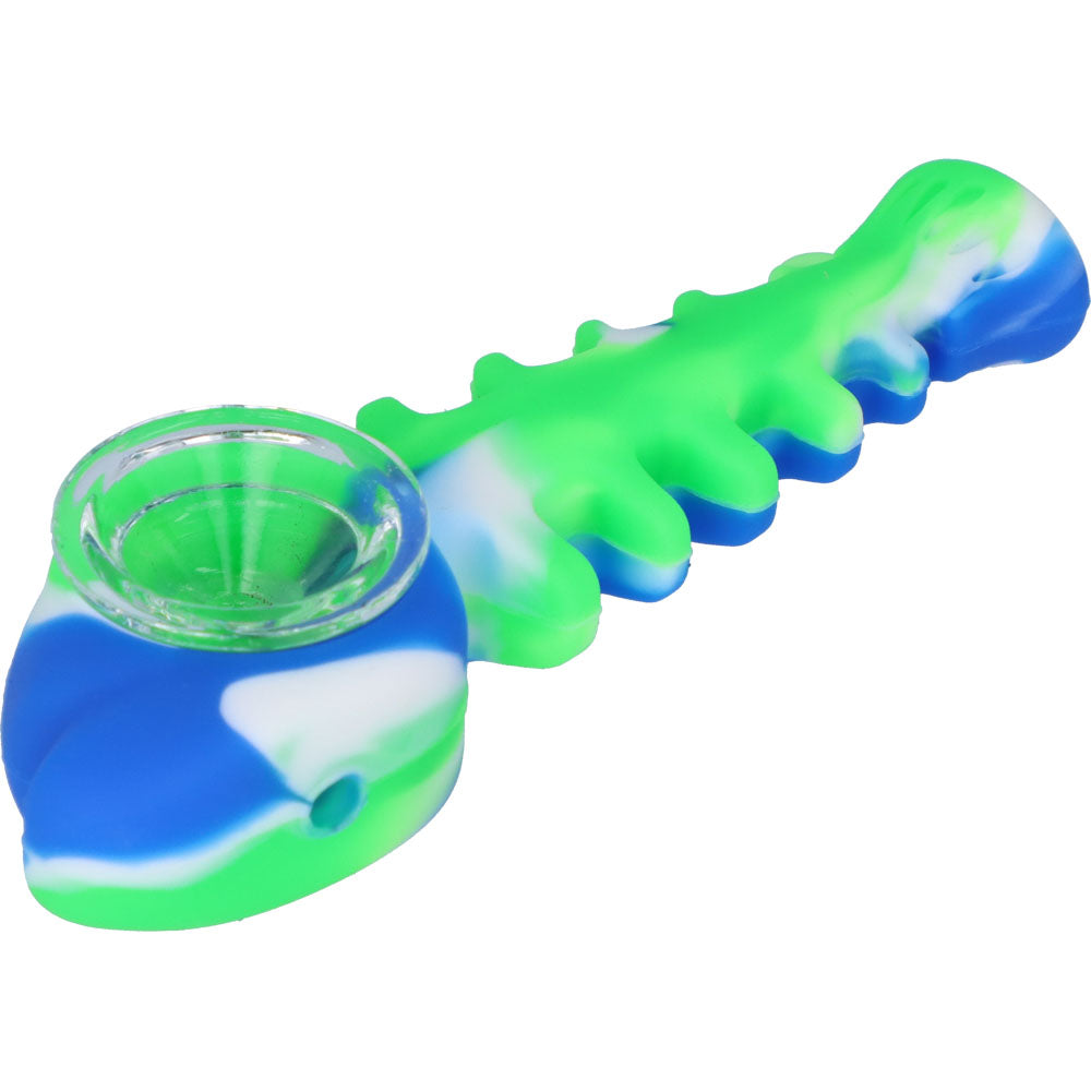 Silicone Fish Bone Hand Pipe with Glass Bowl  | Blue/Green  | side view 4